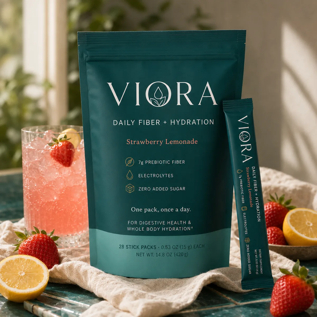 Viora Daily Fiber + Hydration pouch with a stick pack leaning against it