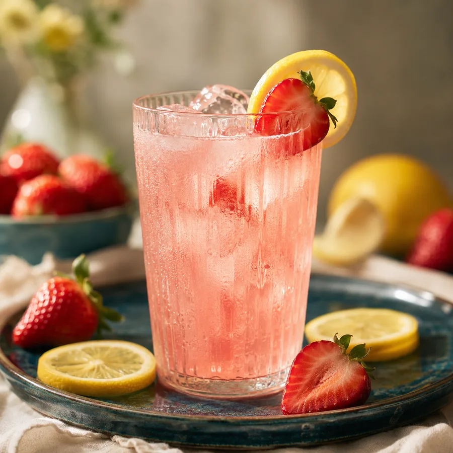 Finished glass of Viora strawberry lemonade over ice