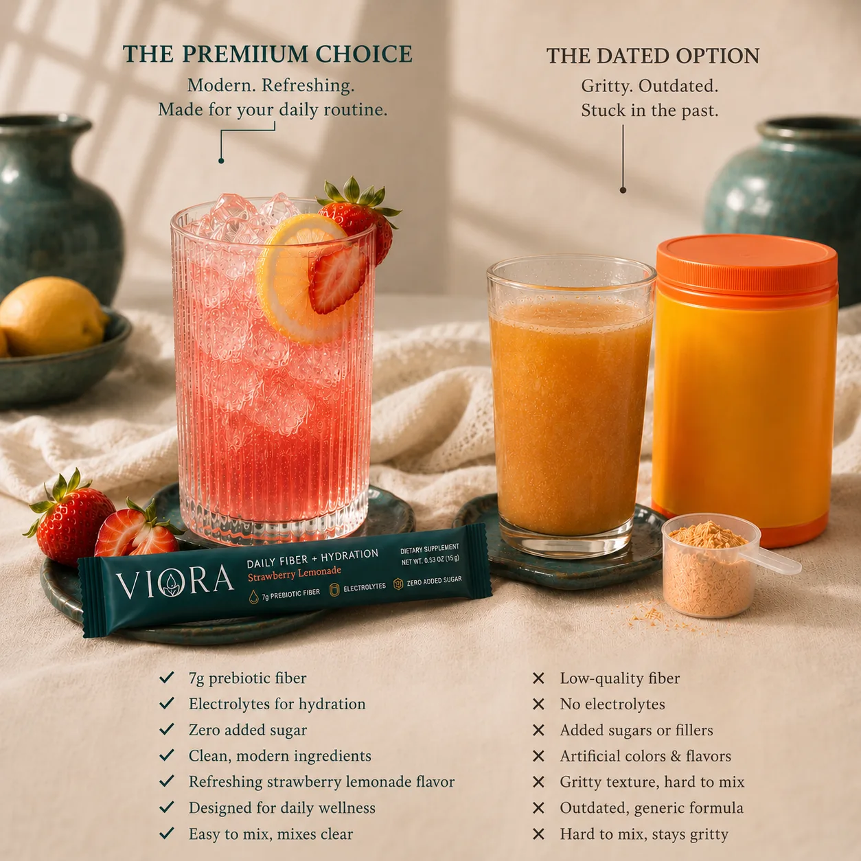 Viora's clear strawberry lemonade beside a dated tub of gritty orange fiber powder