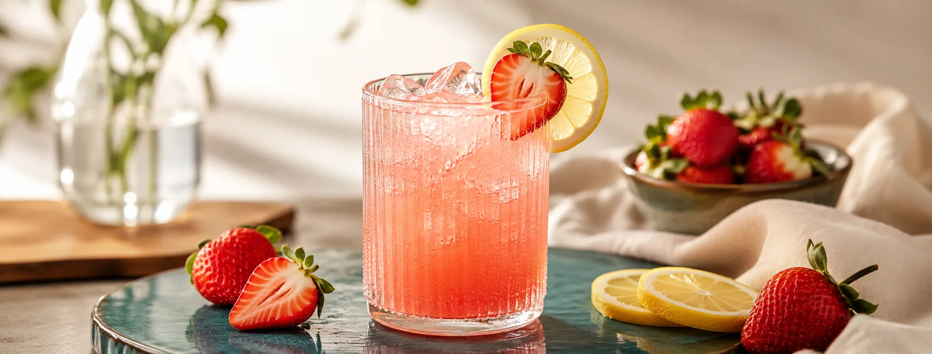 Ribbed glass of Viora strawberry lemonade with ice, condensation, and fresh garnish